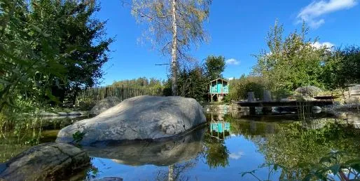 Eine idyllische Teichlandschaft mit einem großen Stein im Wasser, umgeben von Bäumen und einem Gartenhaus
