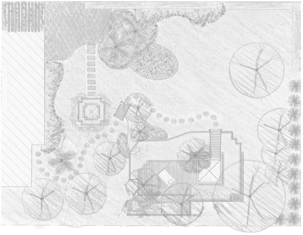 Architektonischer Entwurf eines Gartens in Draufsicht, der verschiedene Bereiche wie Wege, Bäume, Terrasse und Grünflächen darstellt – ein detaillierter Plan für Landschaftsgestaltung